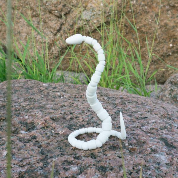 Kärmes snake BJD posing upright. Standing only on the end of its' tail