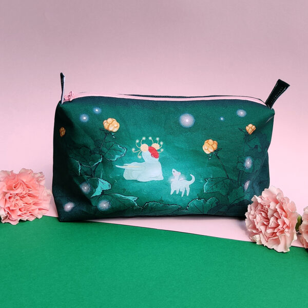 Dragon fantasy themed green toaletry, or art supply pouch from the side