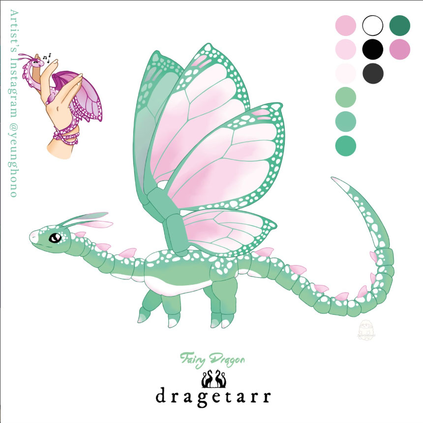 Cute fairy butterfly dragon design. Mainly light green colored with pink details.